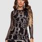 This Mesh Black Pit Bull Dress features a stylish design crafted from silver crystals for an elegant look. PIT BULL JEANS