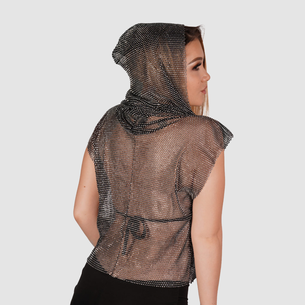 WESTERN FASHION Rhinestone Mesh Hooded Shirt