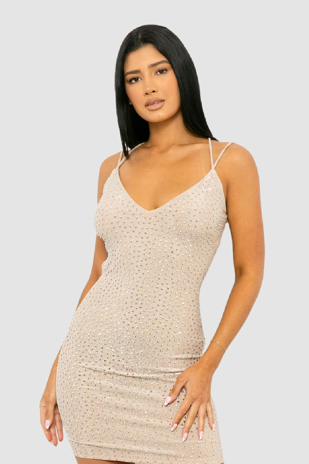 Champagne cocktail mini dress with all over silver crystals. Very sexy dress, perfect fora night out!