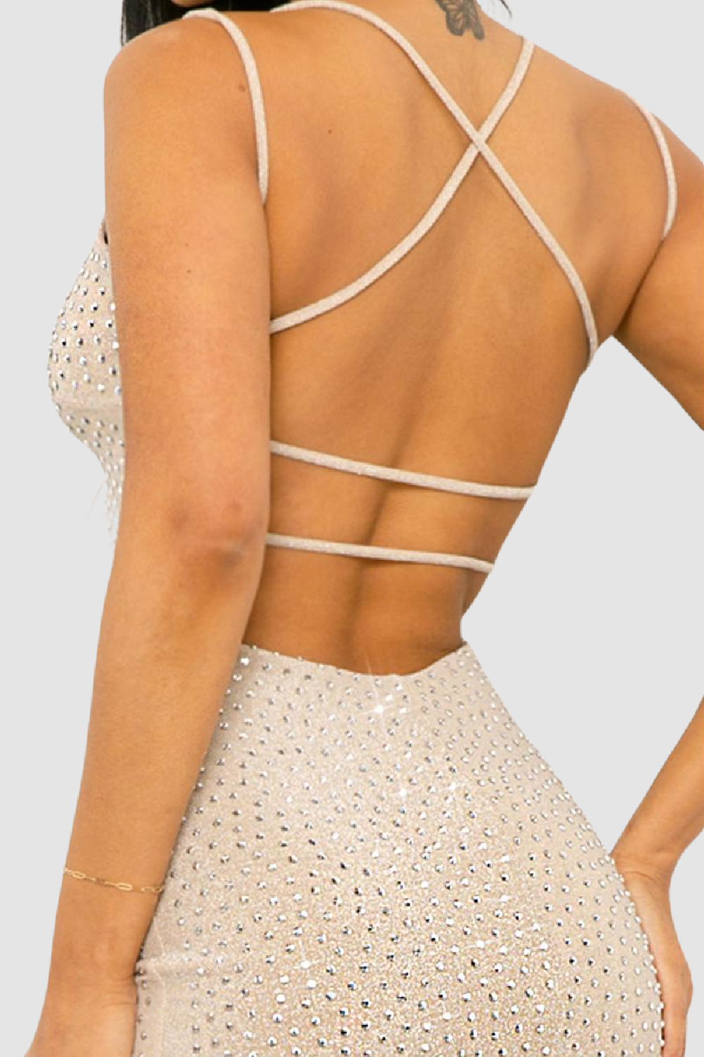 Champagne cocktail mini dress with all over silver crystals. Very sexy dress, perfect fora night out!