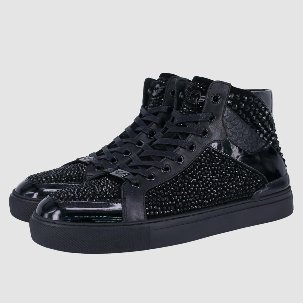 Ferrari Massari black patent soldier sneakers.