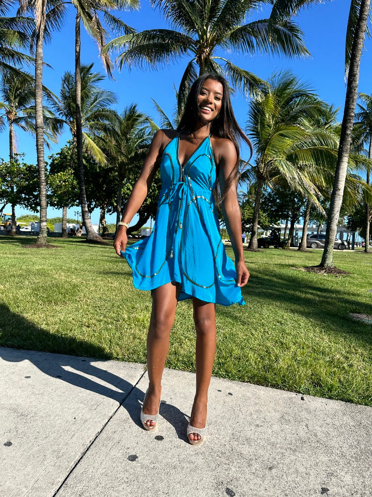Tulum Turquoise W Gold Short Dress URock Couture Tulum Turquoise W Gold Short Dress URock Couture