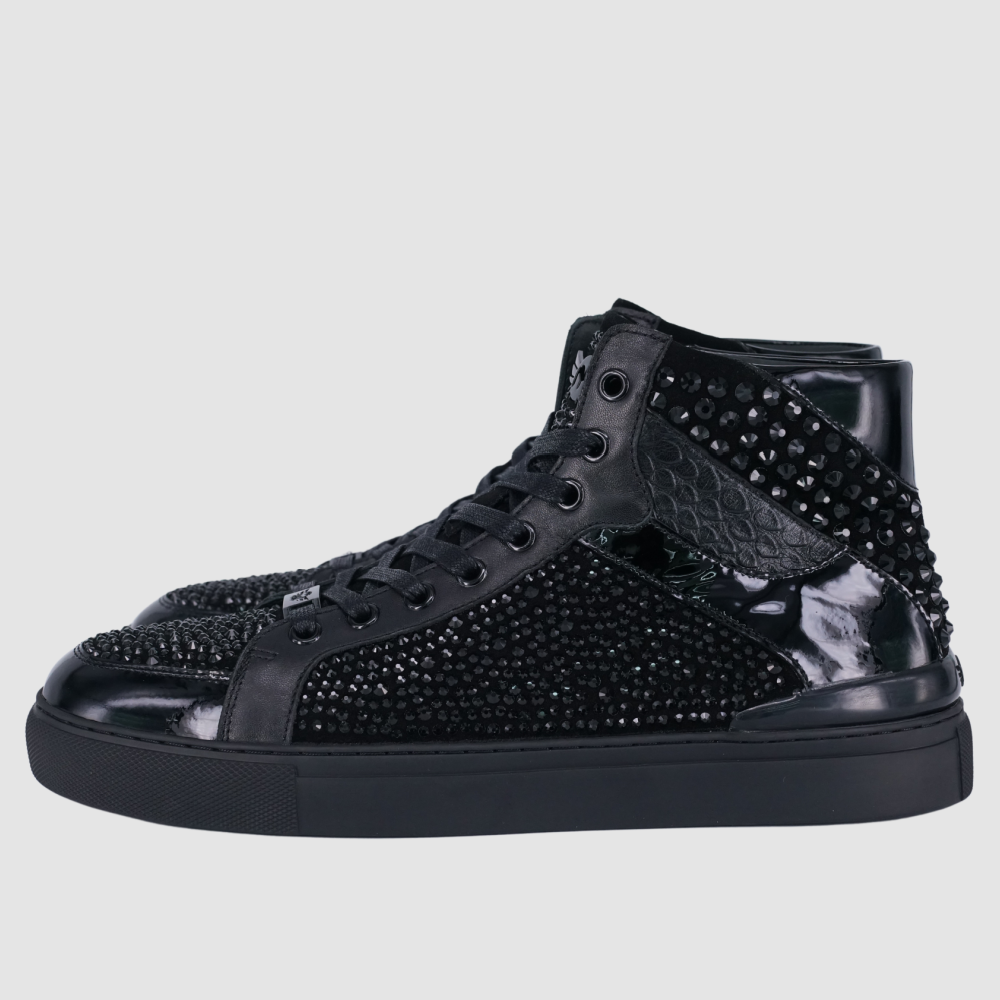 Ferrari Massari black patent soldier sneakers.