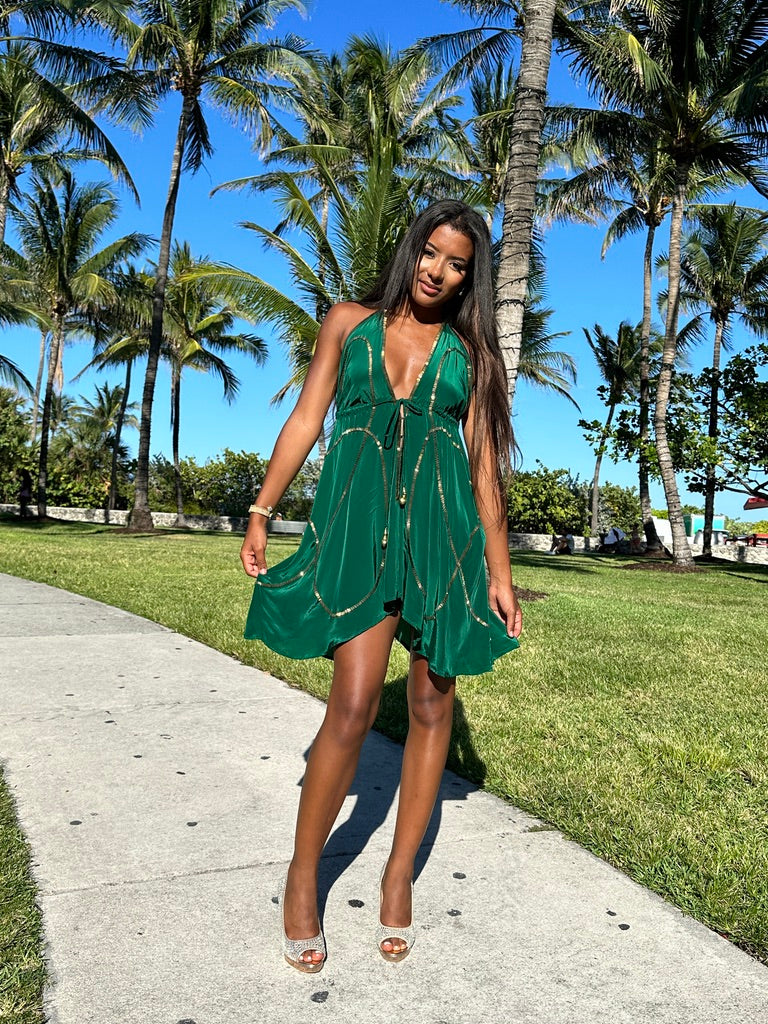 Tulum Dark Green W Gold Short Dress URock Couture Tulum Dark Green W Gold Short Dress URock Couture