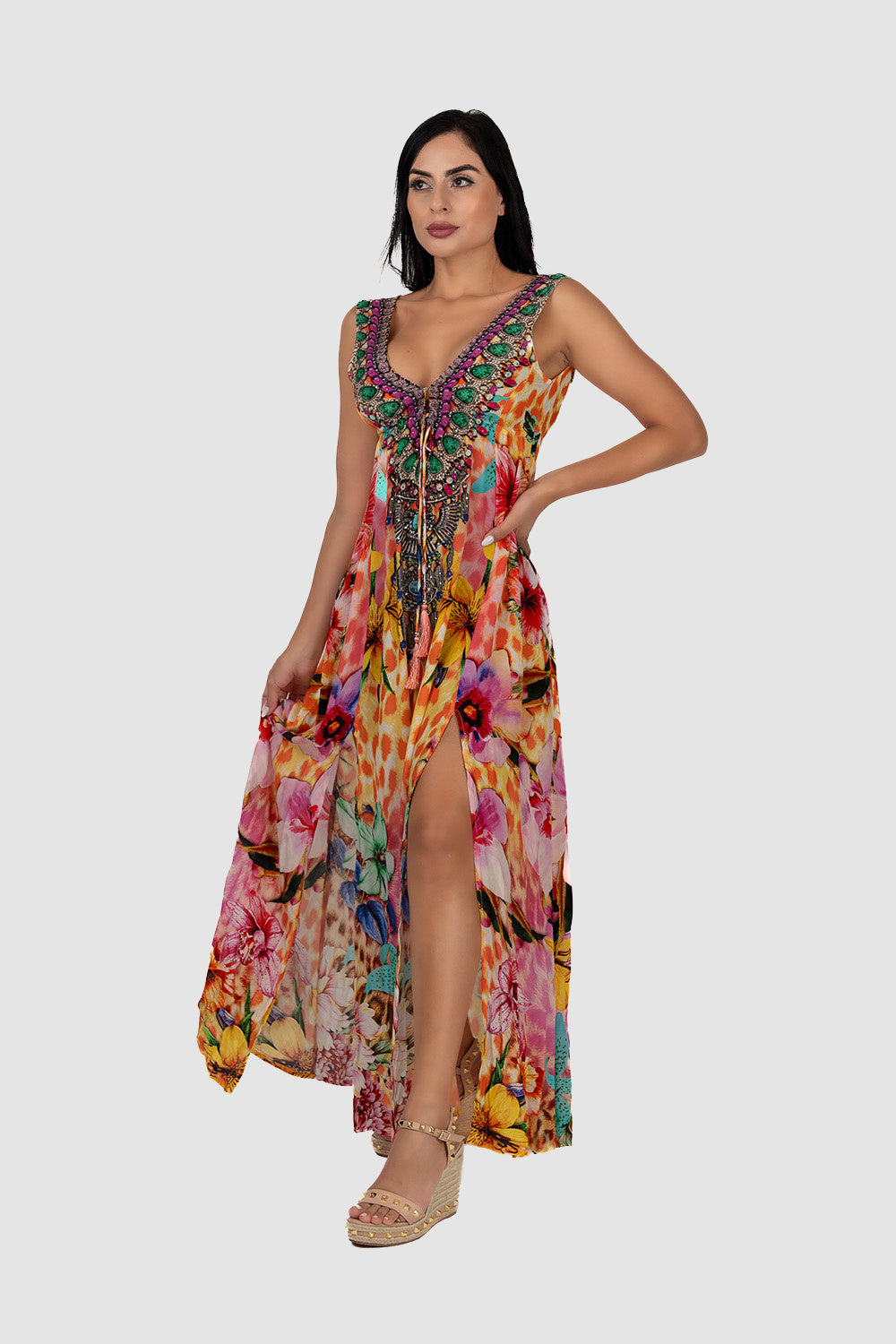 Casa Del Mar Cheetah Bouquet Slit Maxi Dress