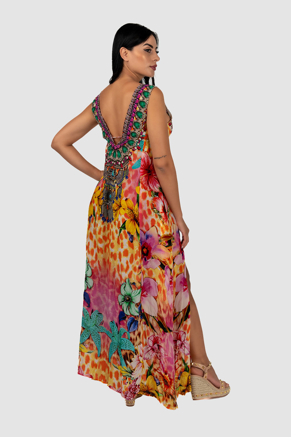 Casa Del Mar Cheetah Bouquet Slit Maxi Dress