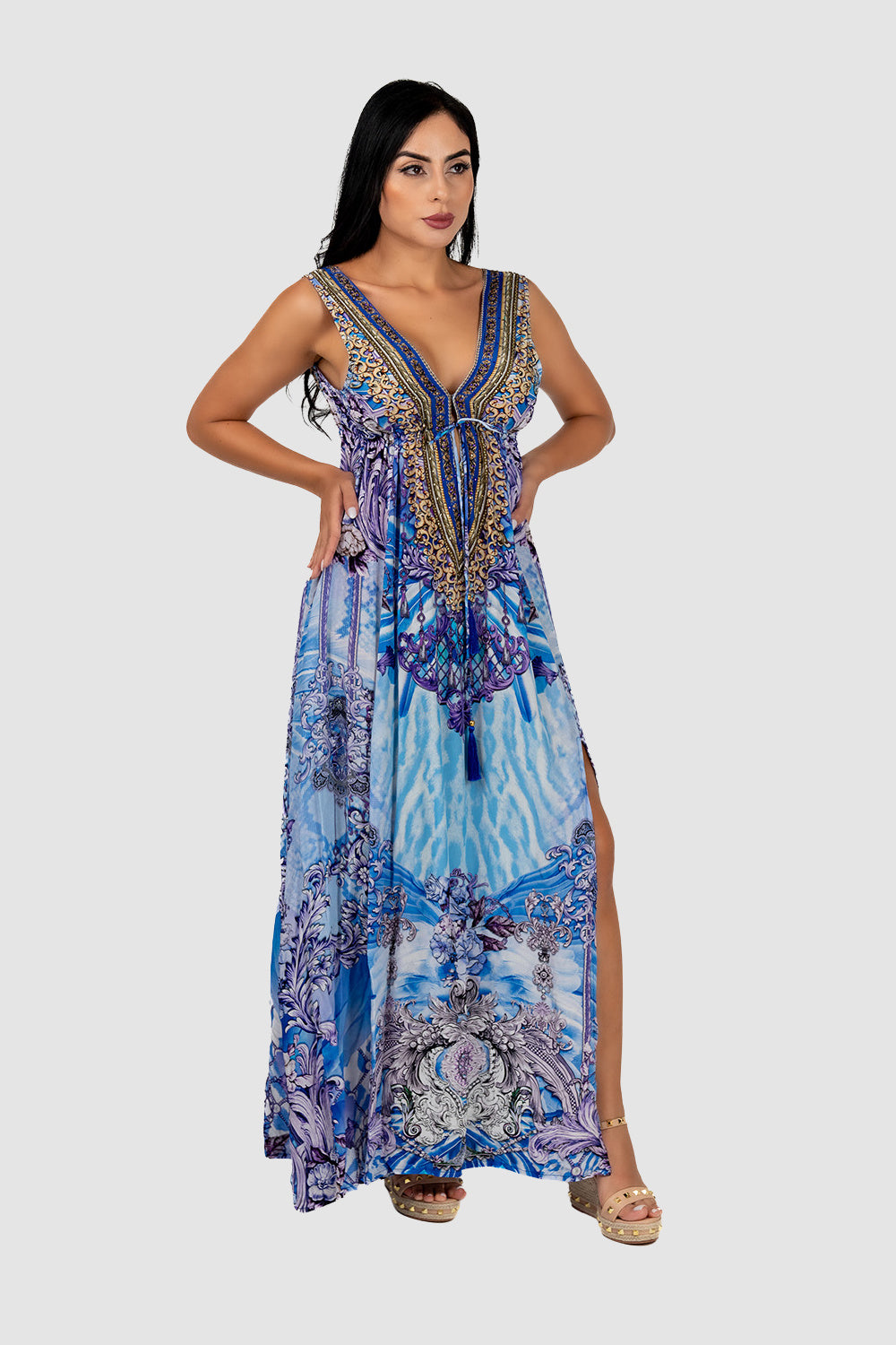 Casa Del Mar Elegance Blue Slit Maxi Dress