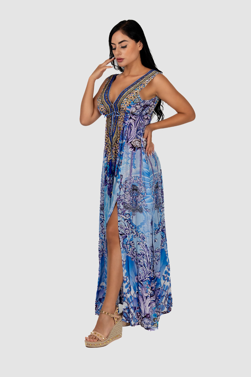 Casa Del Mar Elegance Blue Slit Maxi Dress