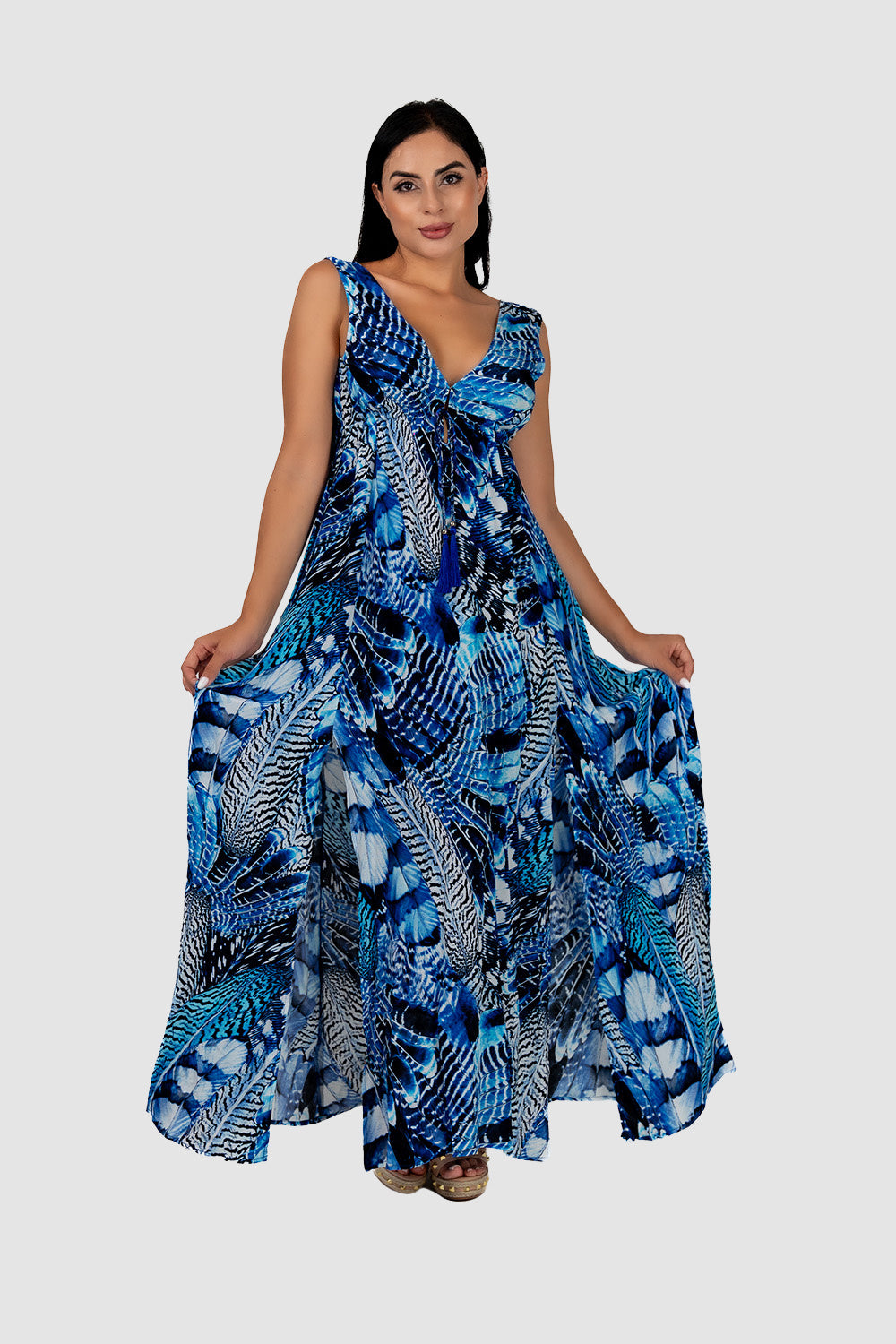 Casa Del Mar Blue Feather Slit Maxi Dress