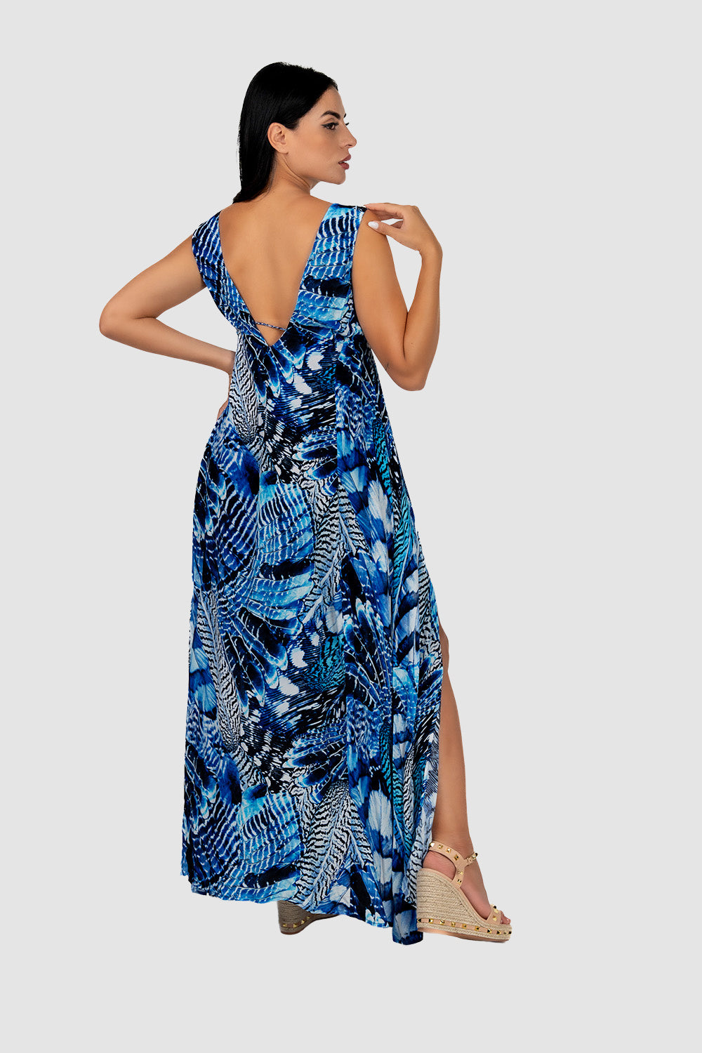 Casa Del Mar Blue Feather Slit Maxi Dress