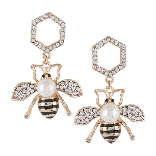 H & D Gold Cream Jeweled Bee Earrings