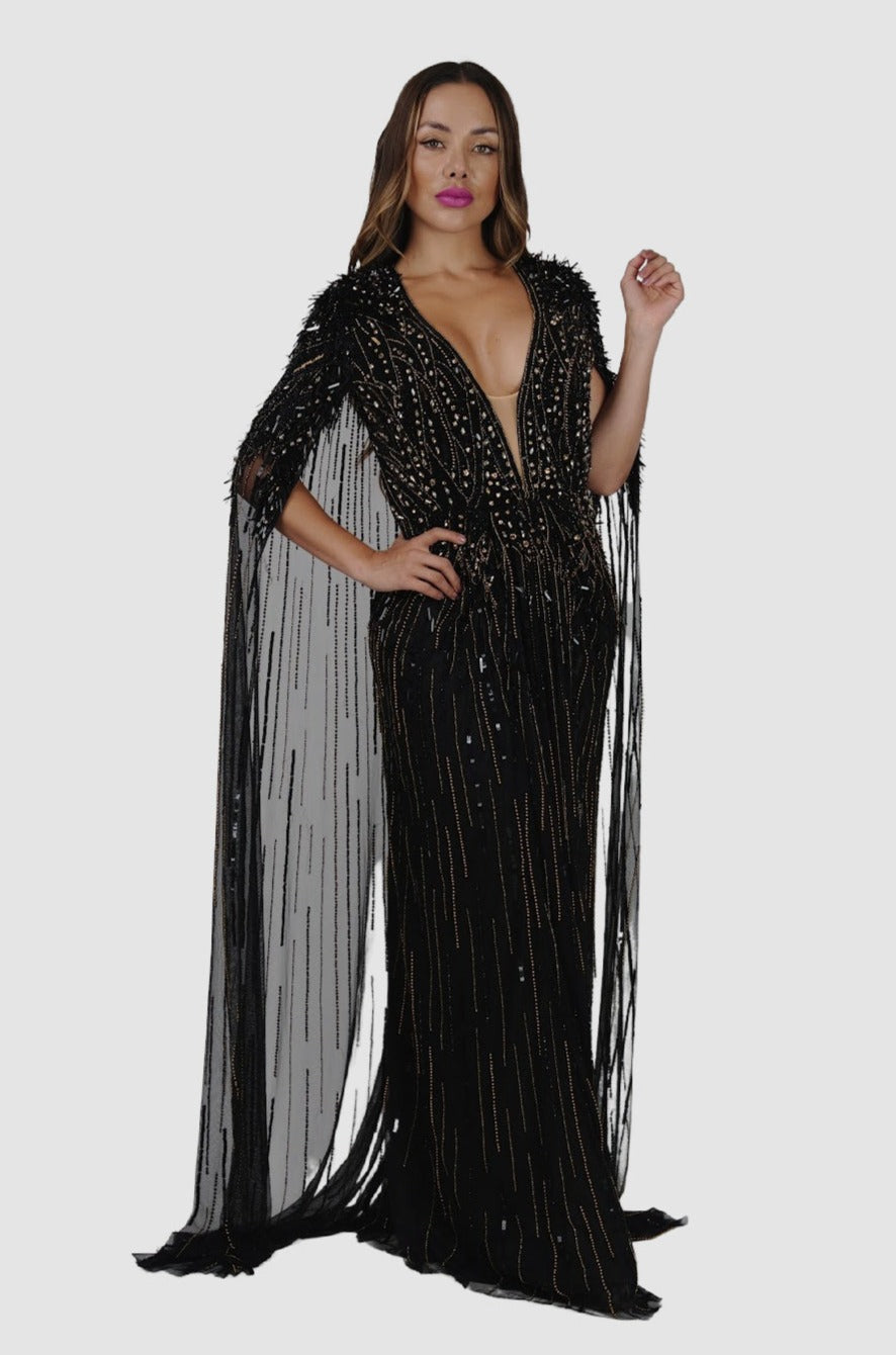 Black and clearance gold cape dress