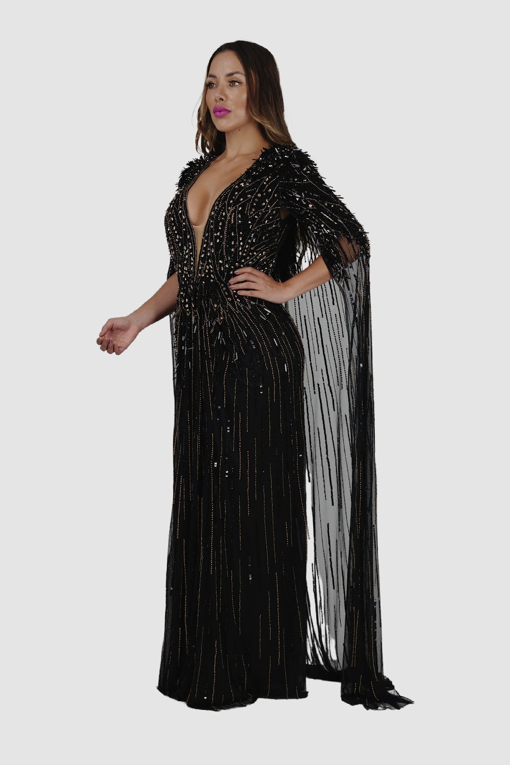 Diamond for Eden Black/Gold Cape Long Dress