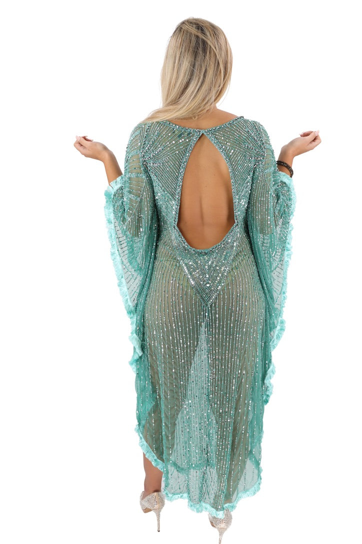 DIAMOND FOR EDEN Turquoise/Silver Beaded Long Kaftan