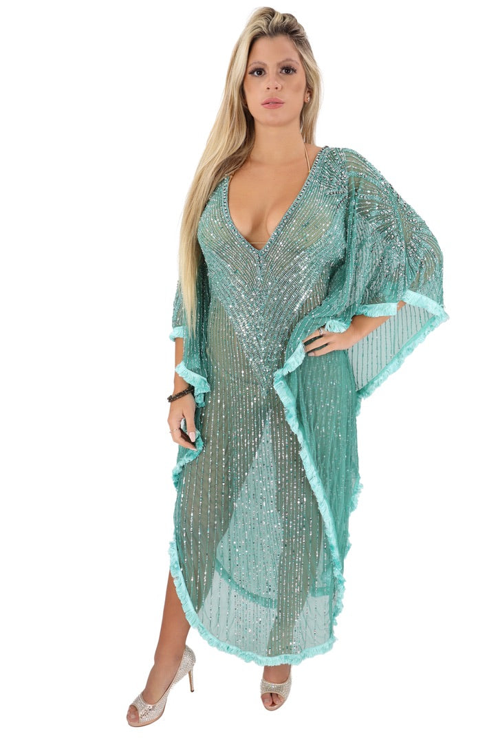 DIAMOND FOR EDEN Turquoise/Silver Beaded Long Kaftan
