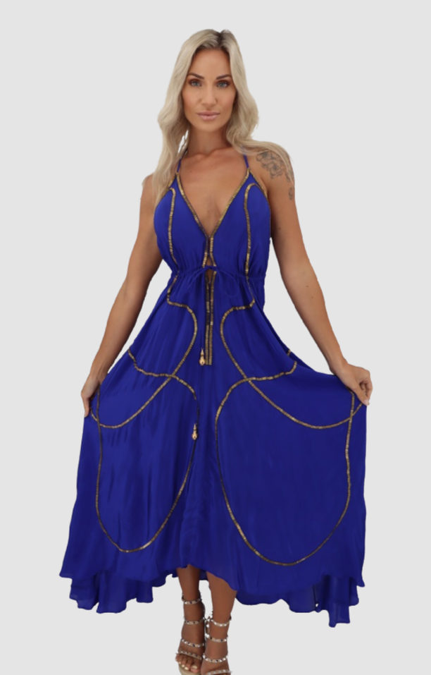 JSQUAD Royal Blue W Gold Lines Dress