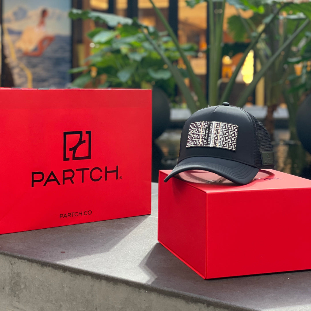 Black luxury hat and caps Partch removable patch BRKL in luxury branded packaging red