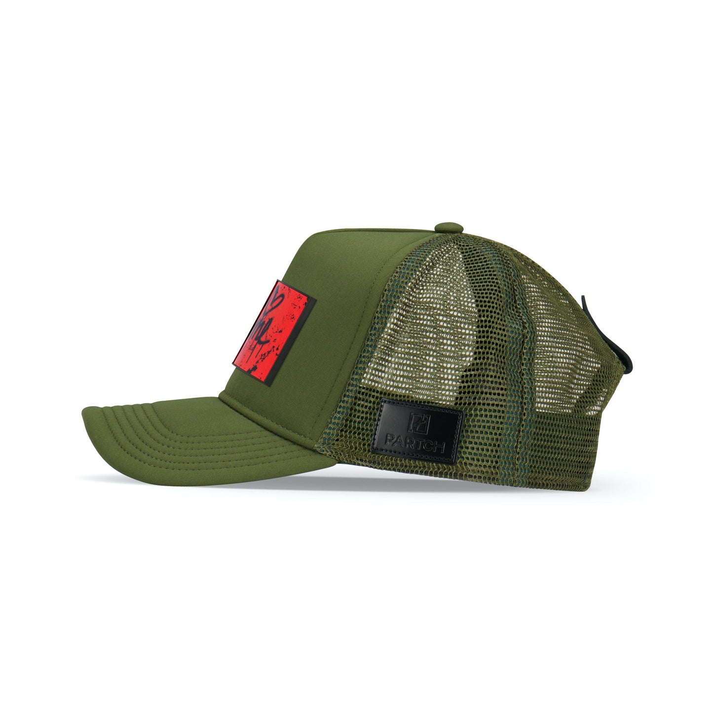 Partch Trucker Hat Kaki with PARTCH-Clip Je T’aime Side View