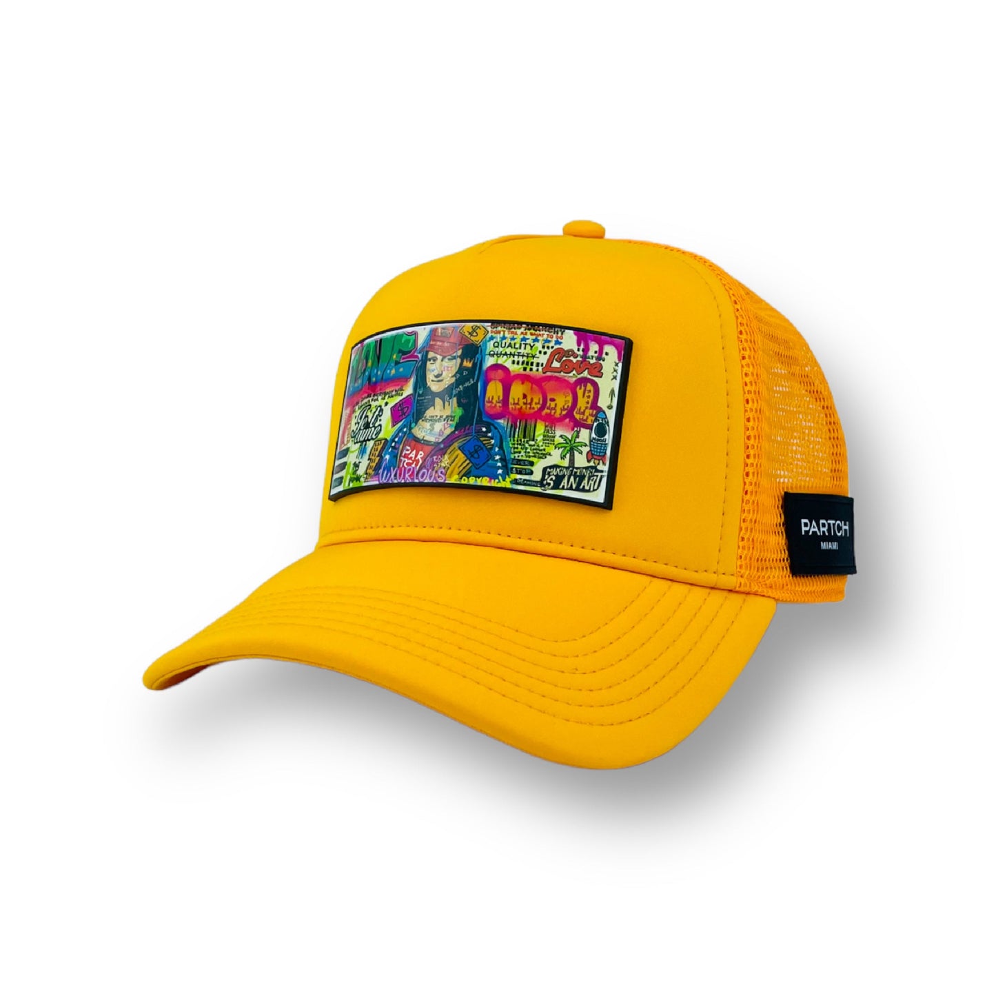 Yellow Mona Lisa trucker hat by Partch fashion