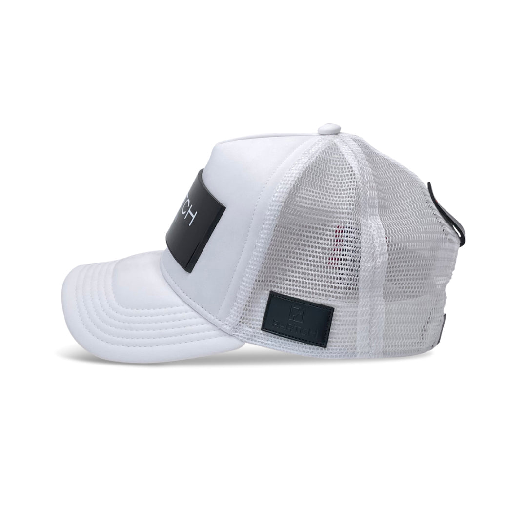 Partch Logomania Trucker Hat in White – Front patch interchangeable made in Aluminum
