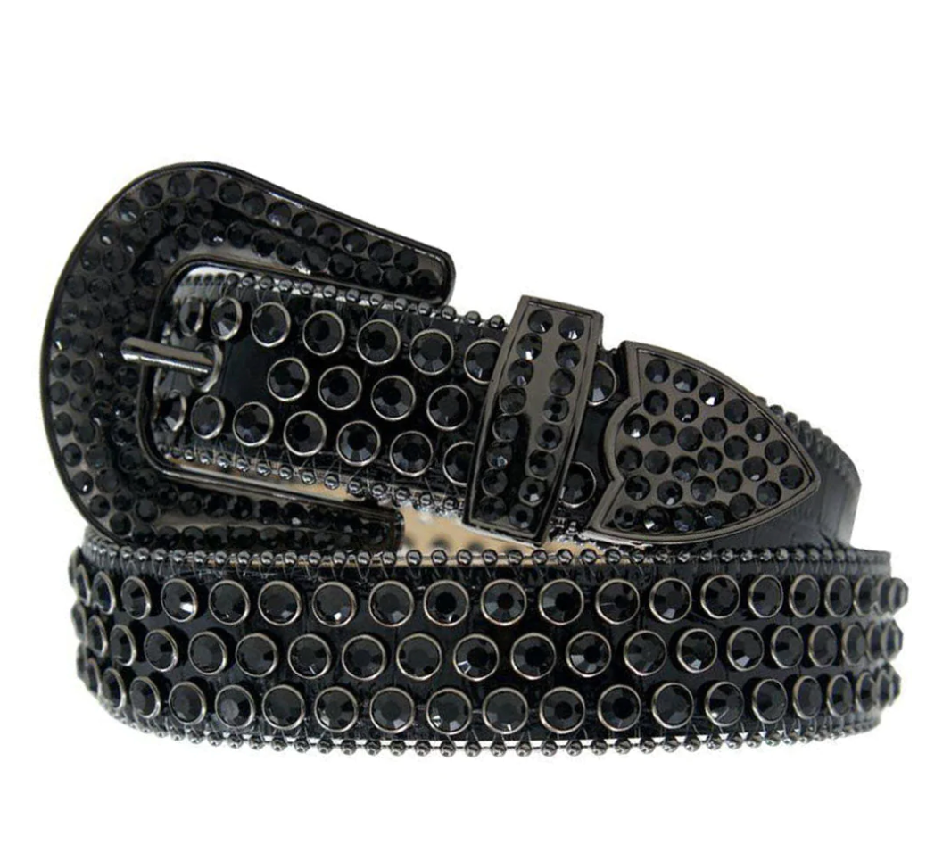 DNA Belt Black leather belt with black crystals all over, and gunmetal hardware.