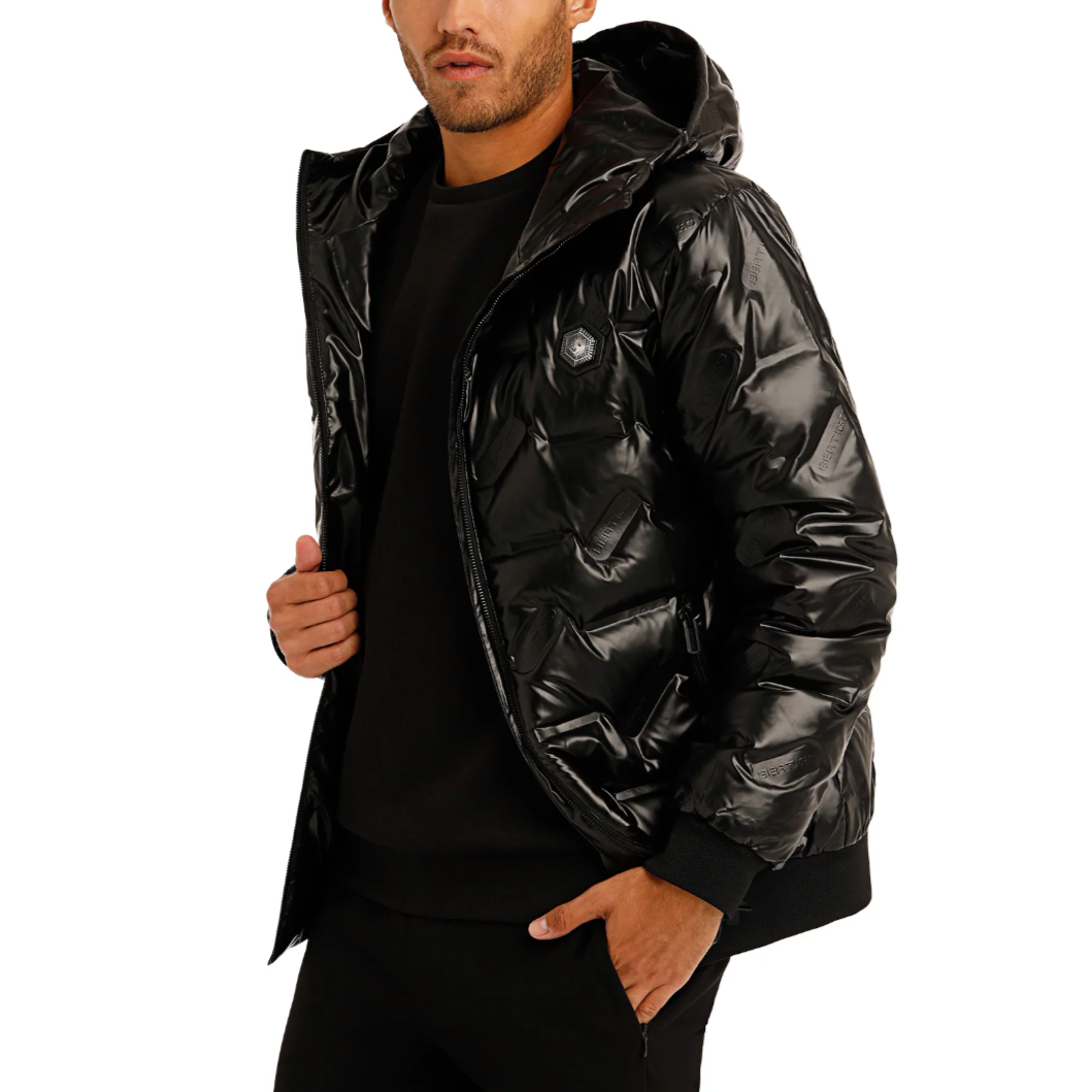 Bertigo Metallic black down filled puffer men coat jacket with hoodie.