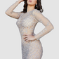 Jovani long sleeve short cocktail dress in nude with all over silver beads.
