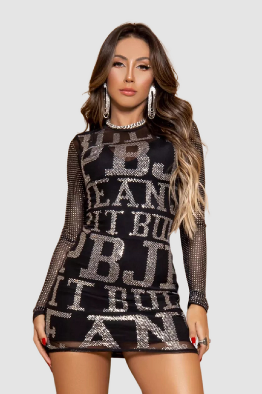 This Mesh Black Pit Bull Dress features a stylish design crafted from silver crystals for an elegant look. PIT BULL JEANS