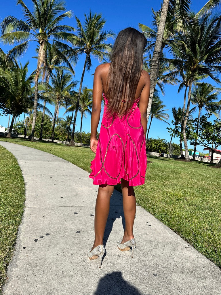 Tulum Fuchsia W Gold Short Dress