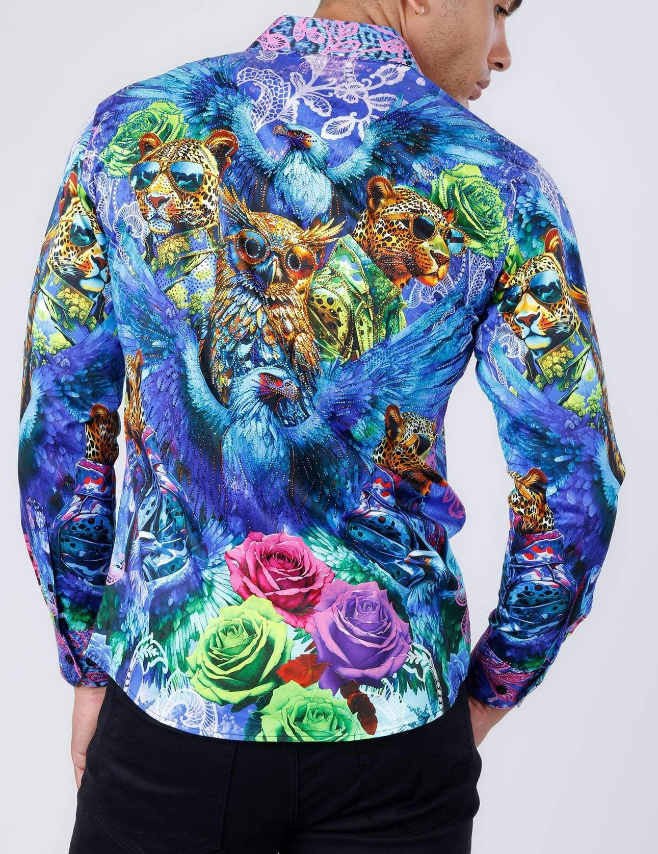 Barabas blue owl men button down with crystals back. 