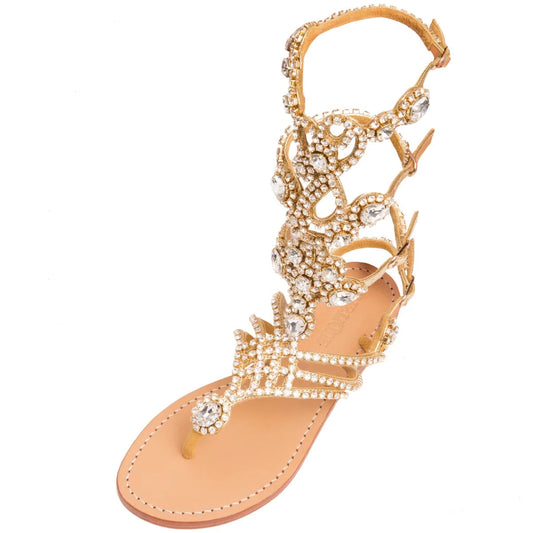 Mystique 6495 Gold Gladiators Sandals with clear crystals.