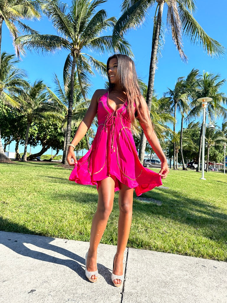 Tulum Fuchsia W Gold Short Dress