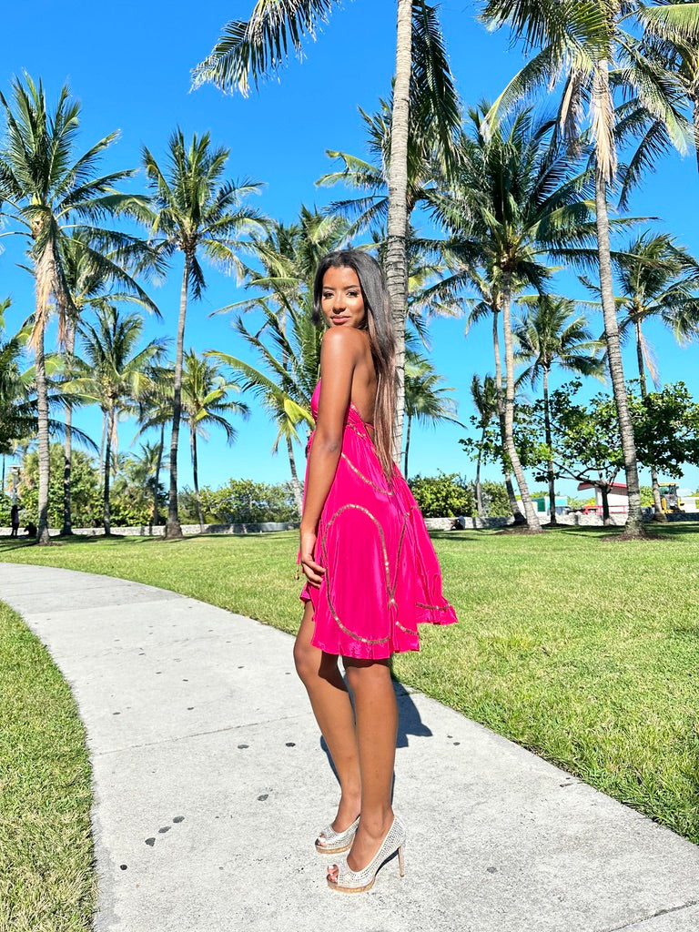 Tulum Fuchsia W Gold Short Dress