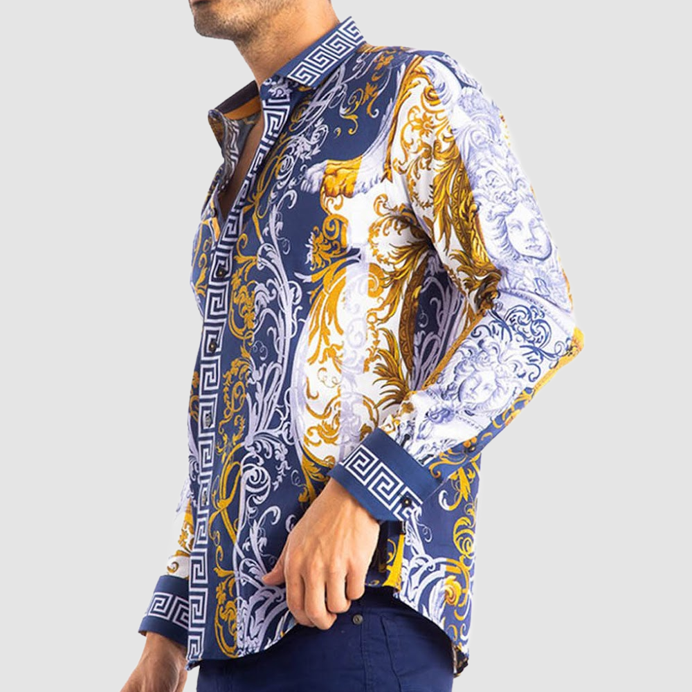 BARABAS Blue, white and gold men shirt with stones and greek baroque design.