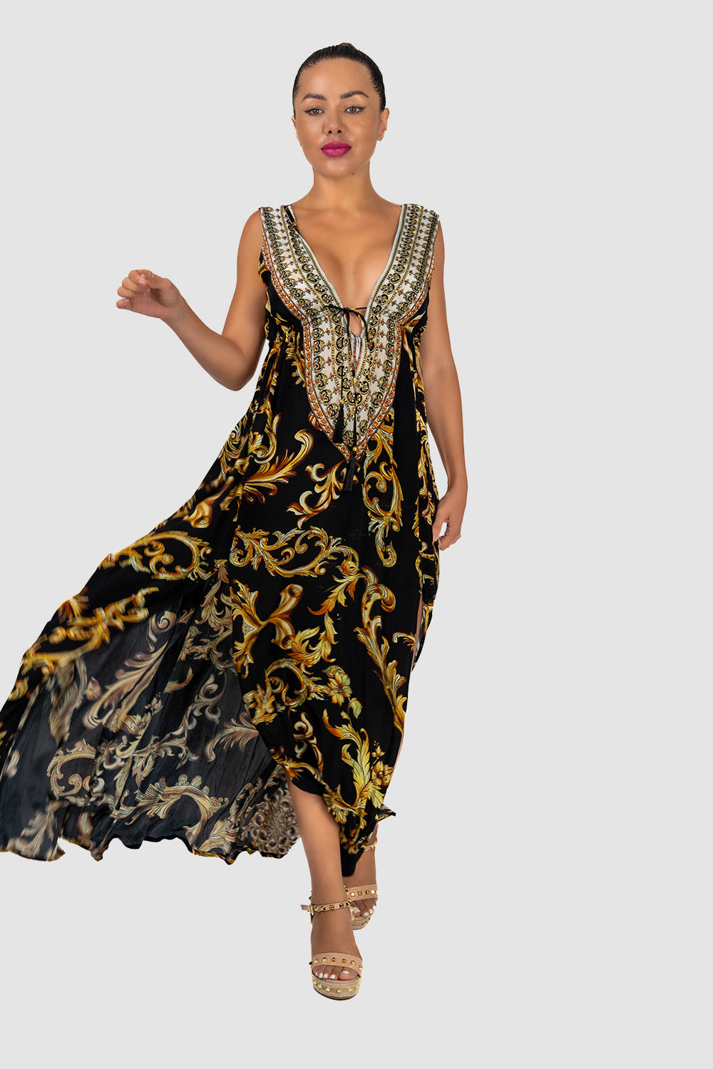 Baroque Black Slit Maxi Dress – URock Couture