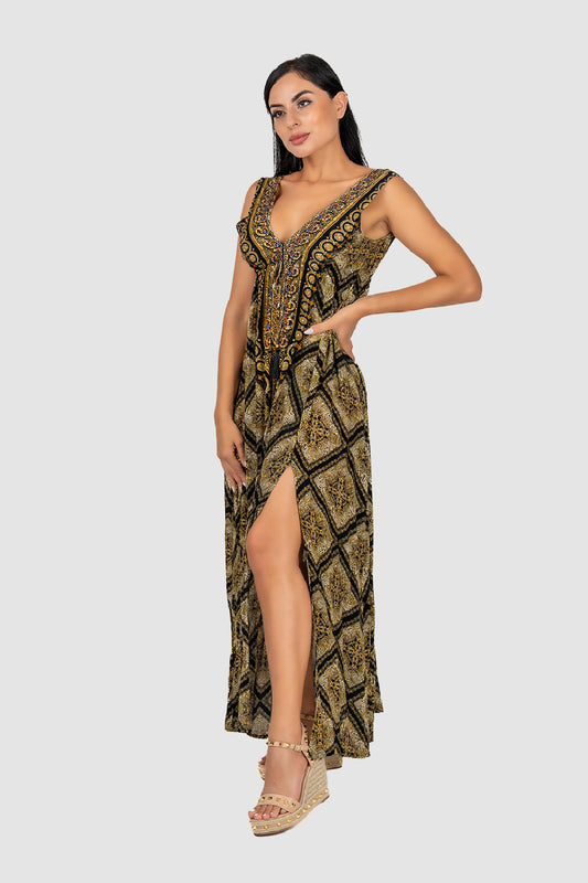 Casa Del Mar Baroque Golden Slit Maxi Dress