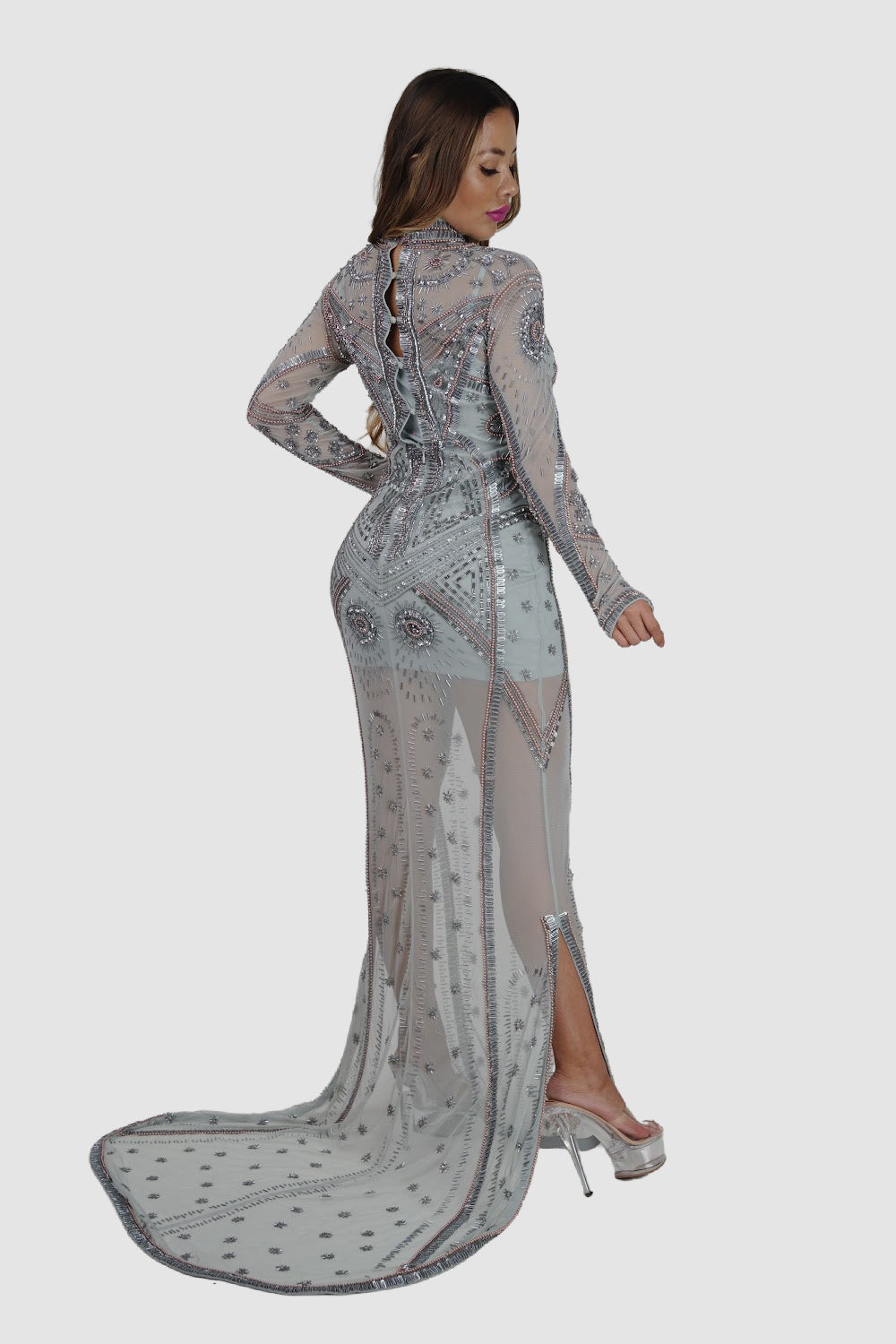 Silver Long Beaded Dress 0 Silver Long Beaded Dress 0