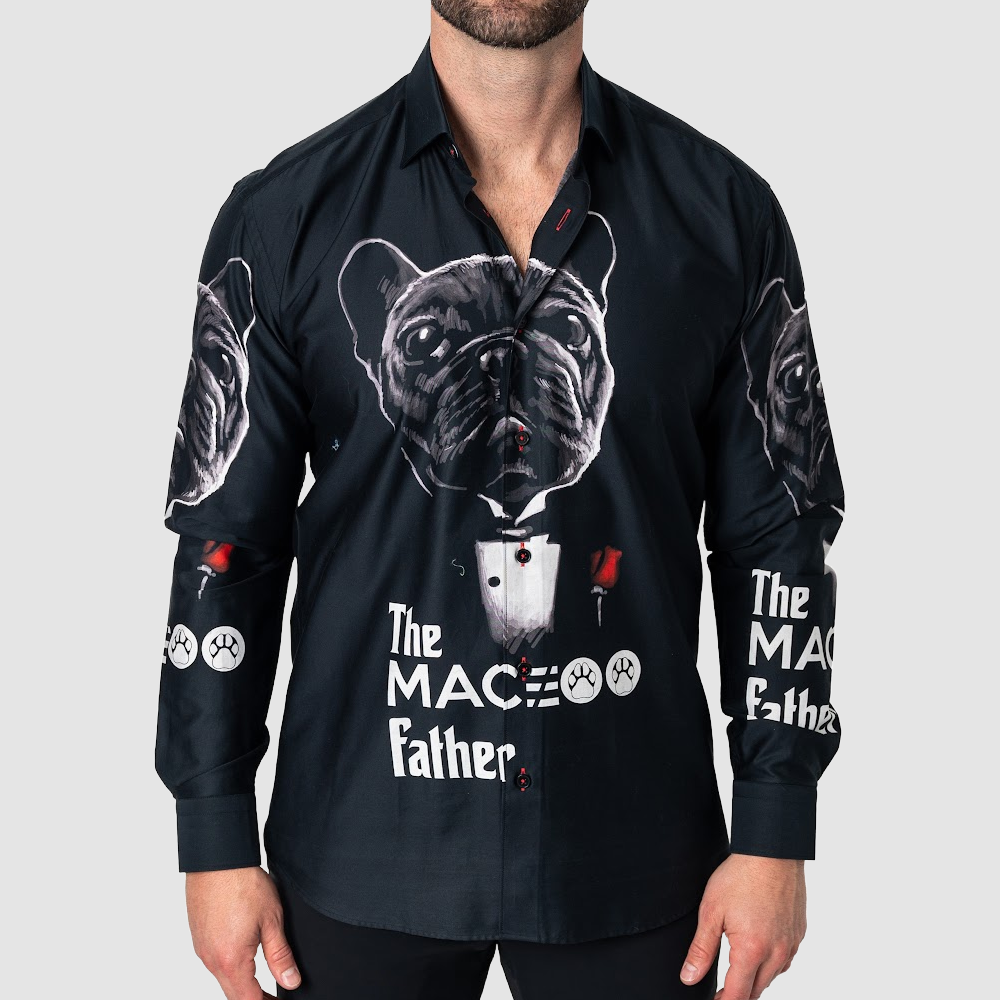 Maceoo Long sleeve black man button-down with a big dog face in the front and "the Maceo father" writing.