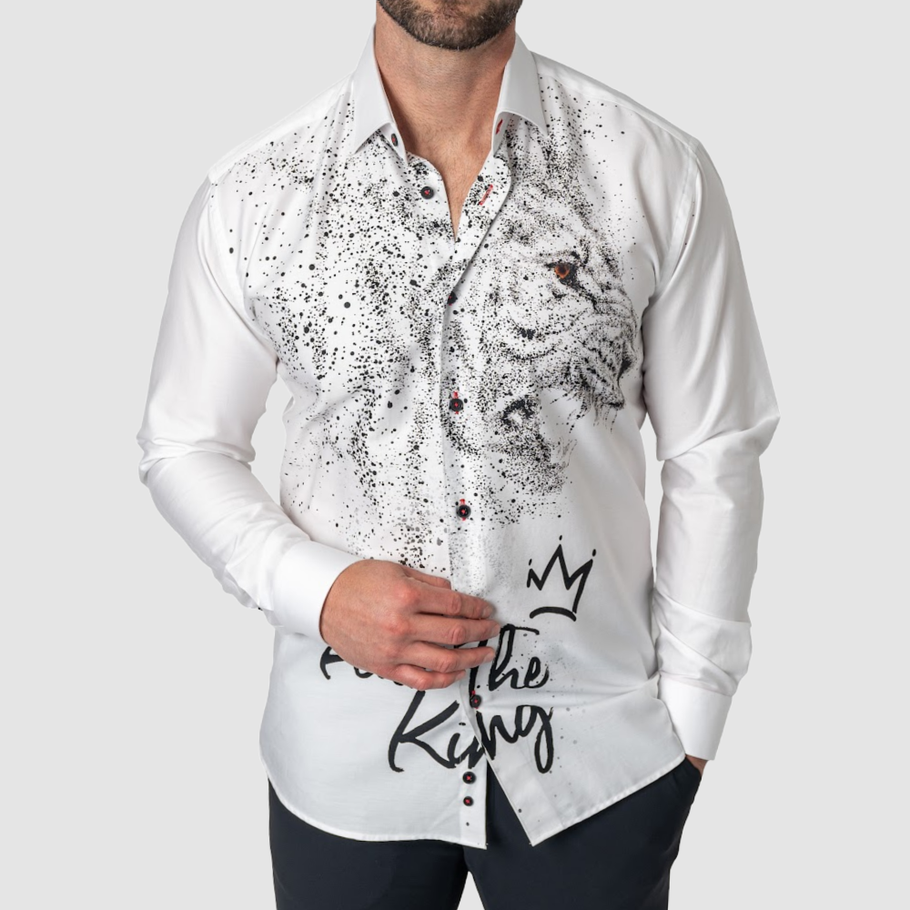 Maceoo White long sleeve man button-down with a big design of a lion head in black.