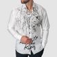 Maceoo White long sleeve man button-down with a big design of a lion head in black.