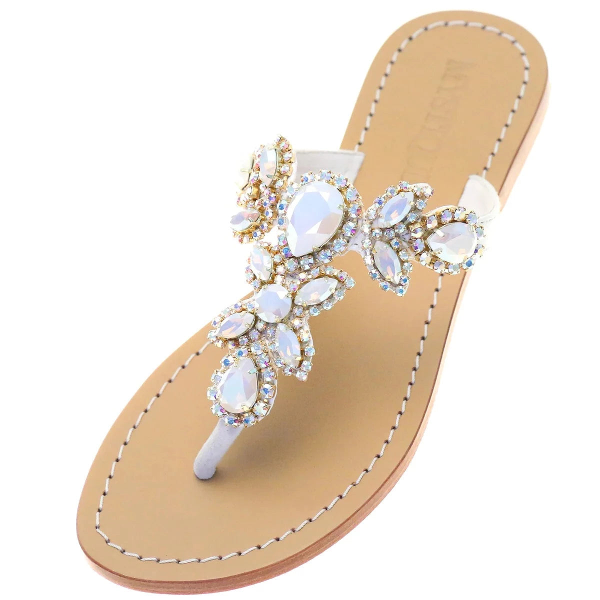 Mystique White leather sandals with white opal stones and AB crystals. 