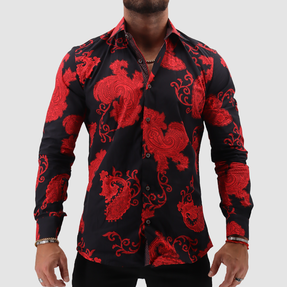 Red and Black Ornamental Dress Shirt XL