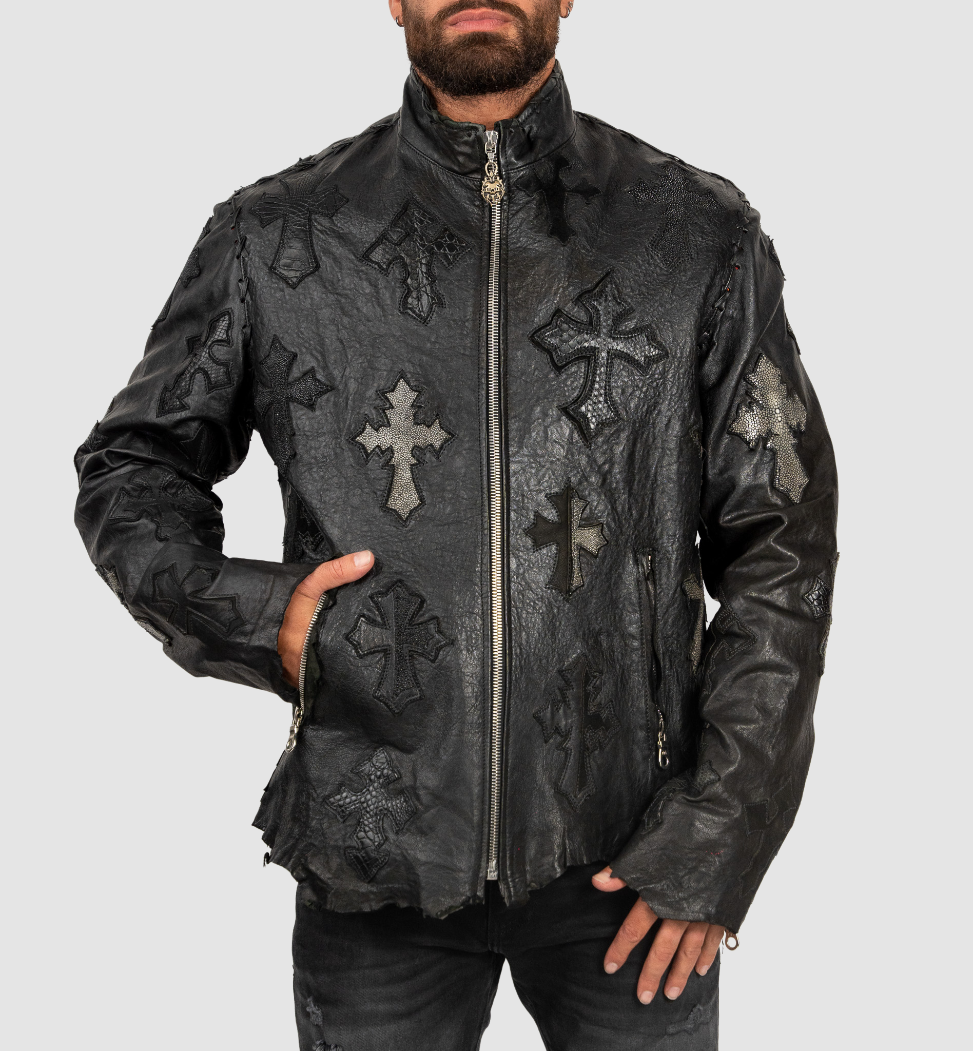 Affliction leather outlet jacket with cross