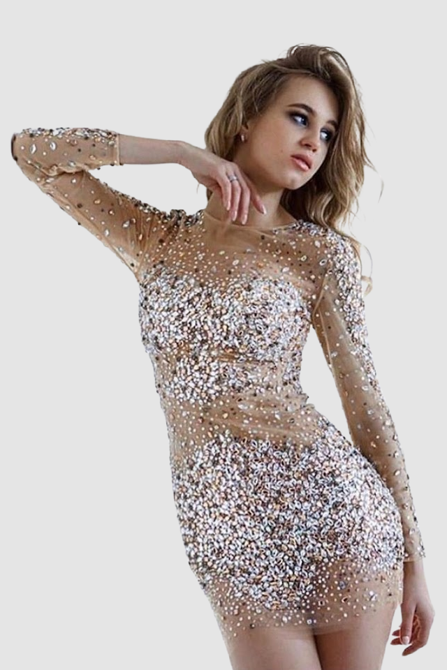 Jovani nude long sleeve short cocktail dress with all over crystals in nude and silver.