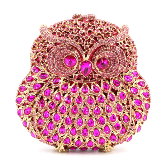 Pink Owl Crystal Clutch Front.