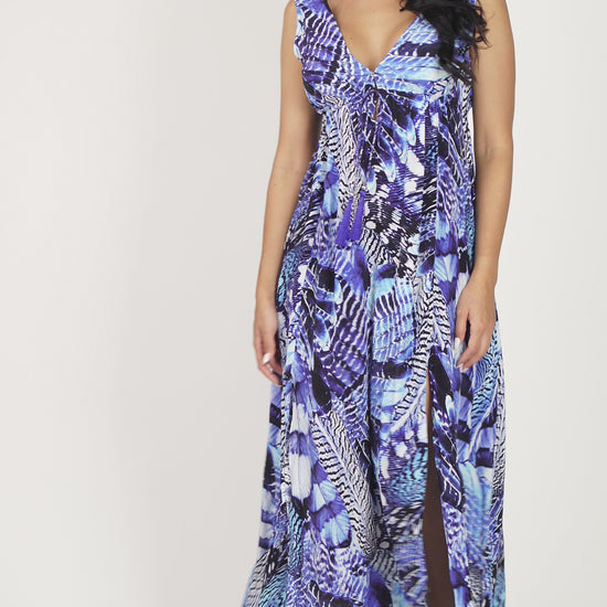 Casa Del Mar Blue Feather Slit Maxi Dress
