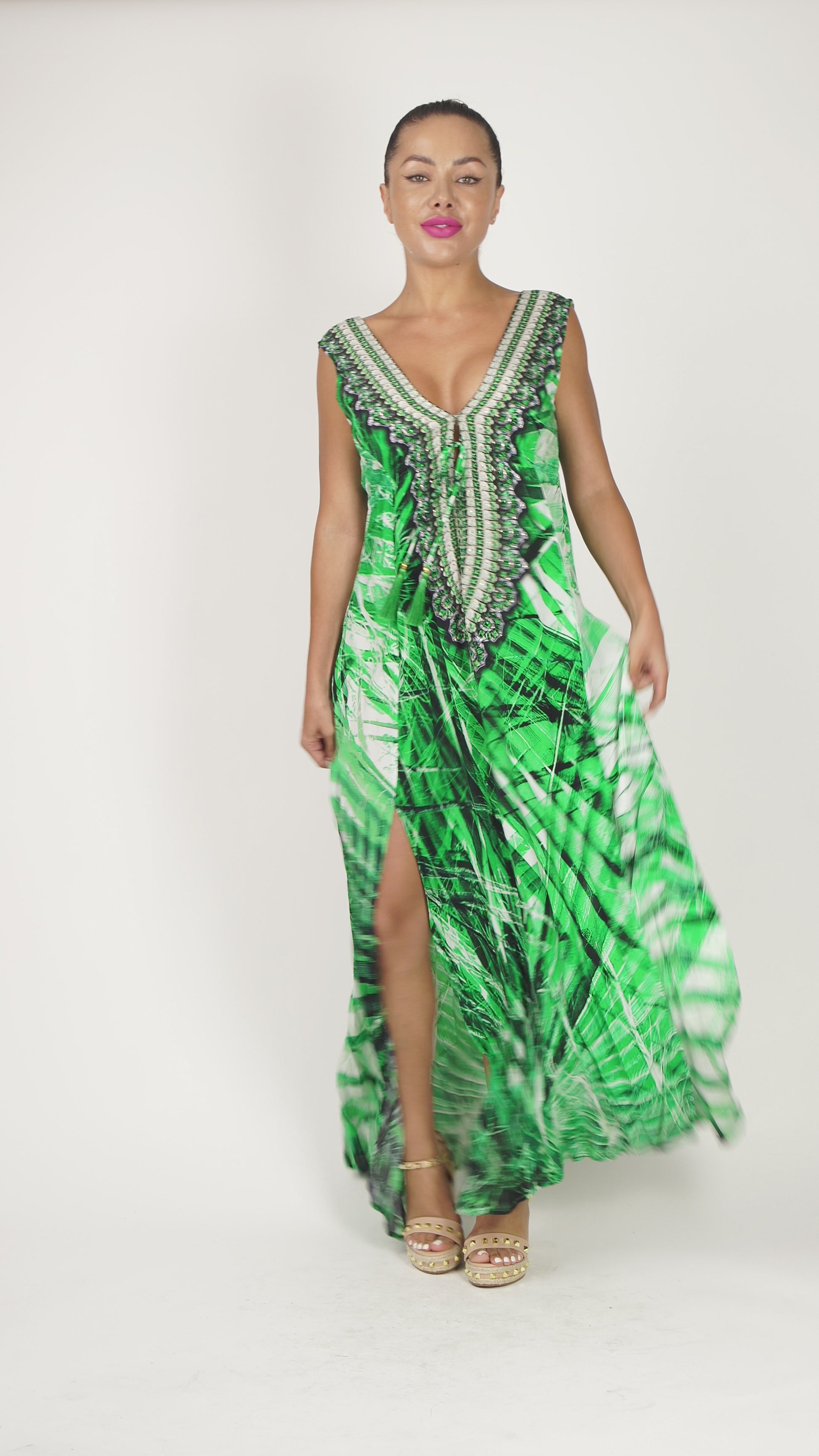 Casa Del Mar Green Palm Slit Maxi Dress