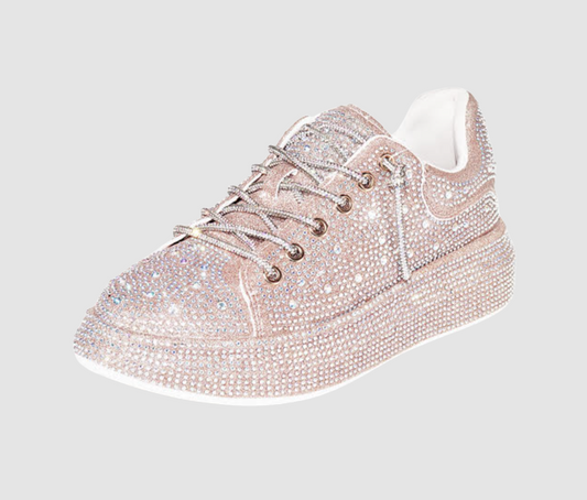 CR Diamond Queen Rose Gold Rhinestone Lace Up Platform Bling Sneakers
