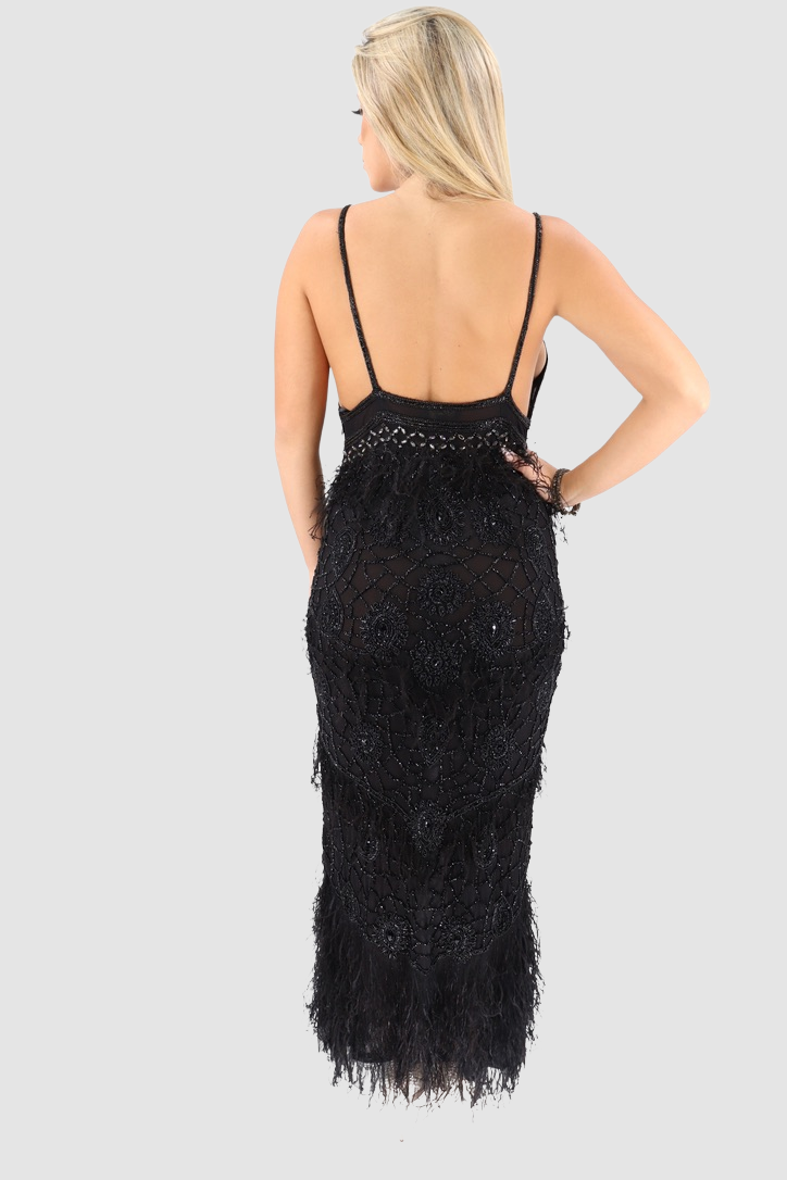DIAMOND FOR EDEN Black Long Beaded and Feathers