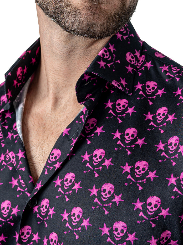 Maceoo Black long sleeve man button-down with tiny skulls in pink all over.